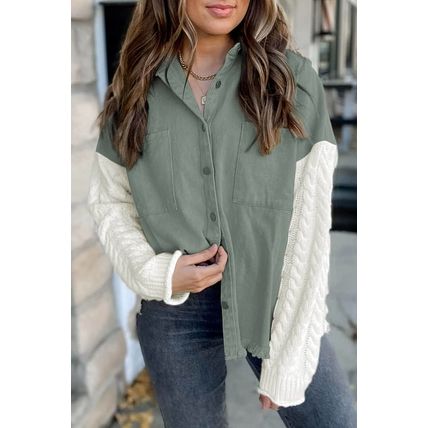 Green Cable Knit Sleeve Raw Hem Shacket
