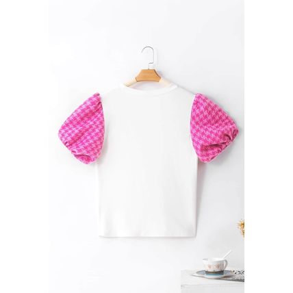 White Contrast Tweed Puff Sleeve Top