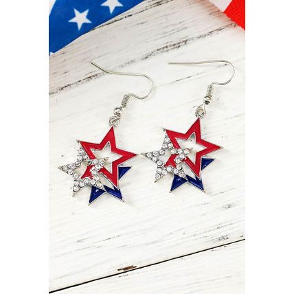Fiery Red American Flag Rhinestone Star Dangle Earrings