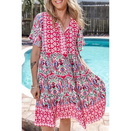 Pink Bohemian Print Tie Neck Ruffle Hem Short Dress