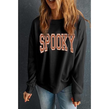 Black SPOOKY Graphic Drop Shoulder Halloween Pullover Sweatshirt