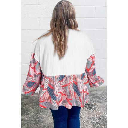 Apricot Plus Size Printed Patchwork Textured Buttoned Blouse