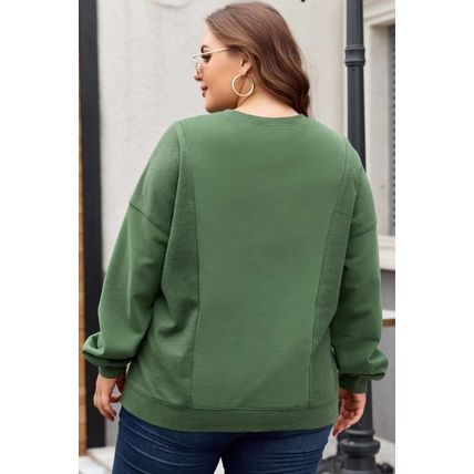Blackish Green Loose Patchwork Crewneck Plus Size Sweatshirt