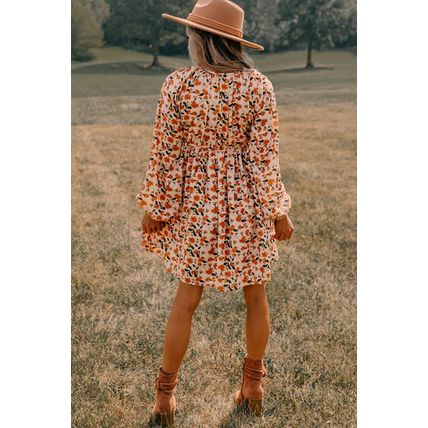 Beige Floral Deep V Neck Smocked Bust Bubble Sleeve Babydoll Dress