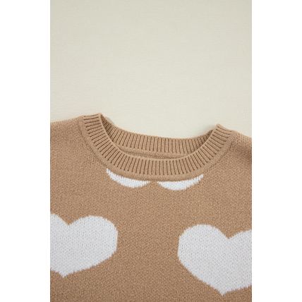 Khaki Contrast Heart Pattern Round Neck Sweater