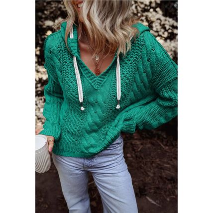 Sea Green Cable Knit V Neck Contrast Drawstring Hooded Sweater
