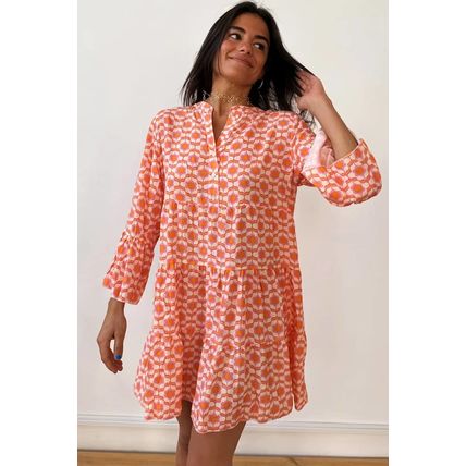 Orange Floral Print Flounce Sleeve Buttoned Front Mini Dress