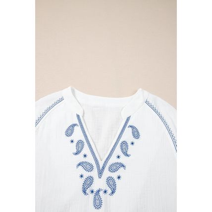 White Paisley Embroidered Textured Split Neck Long Puff Sleeve Blouse