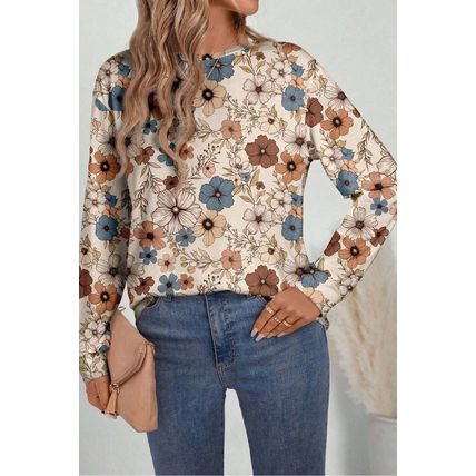 Khaki Floral Print Loose Crew Neck Long Sleeve T Shirt