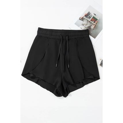 Black High Waisted Drawstring 2-in-1 Side Pocket Color Block Bikini Shorts
