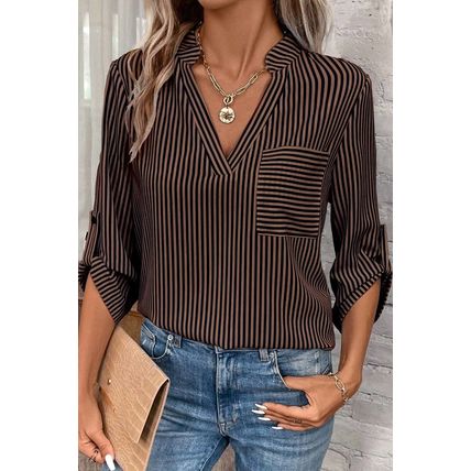 Brown Stripe V Neck Roll Up Sleeve Pocket Patched Classic Shirt