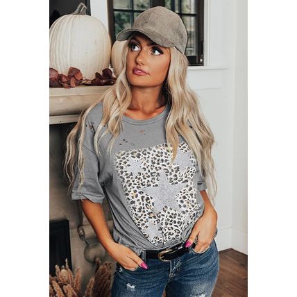 Medium Grey Stars Leopard Graphic Distressed Tee