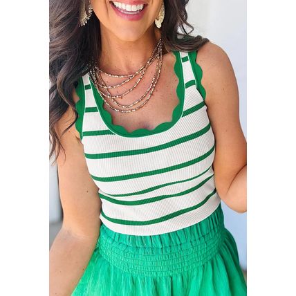 Bright Green Striped Scalloped Edge U Neck Sleeveless Sweater Vest