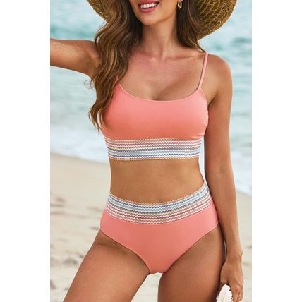 Peach Blossom Striped Patchwork Spaghetti Strap High Waist Bikini Swimsuit