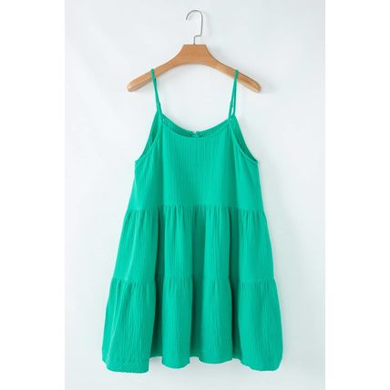 Sea Green Textured Buttoned Thin Strap Tiered Loose Fit Mini Dress