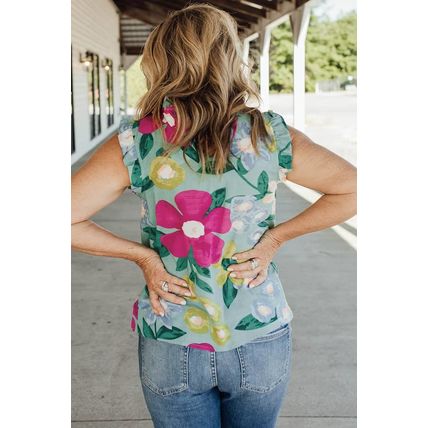 Green Floral Print Ruffle Trim Tank Top