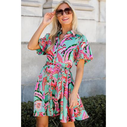 Green Abstract Print Lace-up High Waist Buttoned Mini Dress