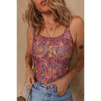Purple Floral Printed Mesh U Neck Sleeveless Bodysuit