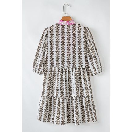Black Contrast Floral V Neck Printed Bracelet Sleeve Dress