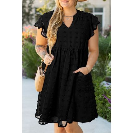 Black Dotty Textured Notched Neck Plus Ruffled Dress