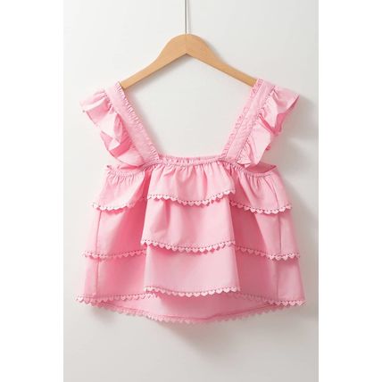 Pink Tiered Heart Trim Square Neck Flutter Top