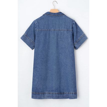Blue Short Sleeve Collared Patched Pocket Denim Mini Dress