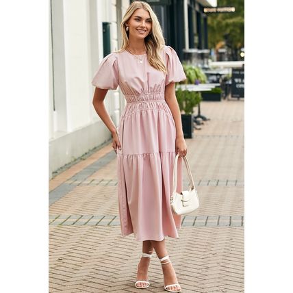 Pink Puff Sleeve Pleated High Waist Flowy Midi Dress