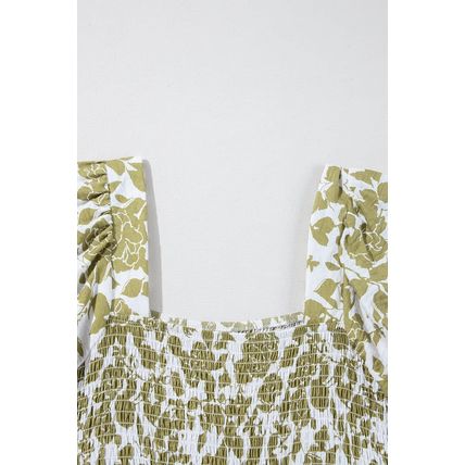 Yellow Boho Floral Square Neck Smocked Bust Puff Sleeve Tiered Long Dress
