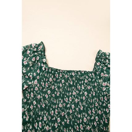 Green Smocked Square Neck Puff Short Sleeve Floral Dress