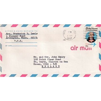 United States 1982 Boston MA-St Osyth UK Air Mail Cover Boston MA cancel typed