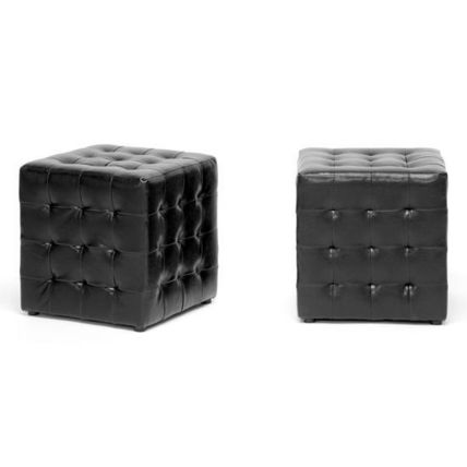 2x Modern Black Or Brown Faux Leather Tufted Cube Square Ottomans Foot Stools