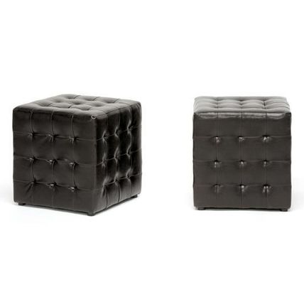 2x Modern Black Or Brown Faux Leather Tufted Cube Square Ottomans Foot Stools