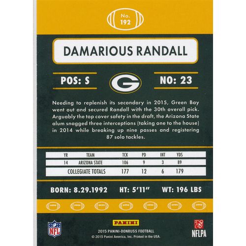 2015 Donruss Football 192 Damarious Randall RC Green Bay Packers