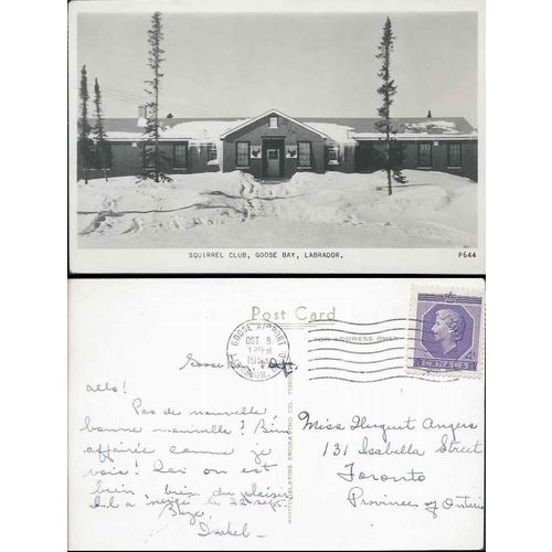 Newfoundland, Goose Bay Labrador "The Squirrel Club" RP Postcard to Toronto 1953