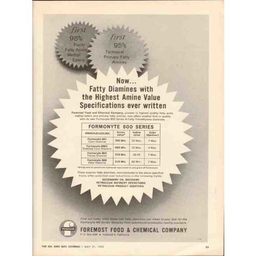 FOREMOST FOOD CHEMICAL COMPANY 1962 fatty diamones amine vintage ad