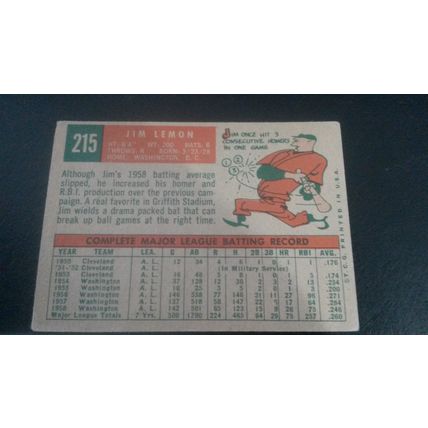 1959 Topps Card # 215 Jim Lemon Poor (1) Washington Senators
