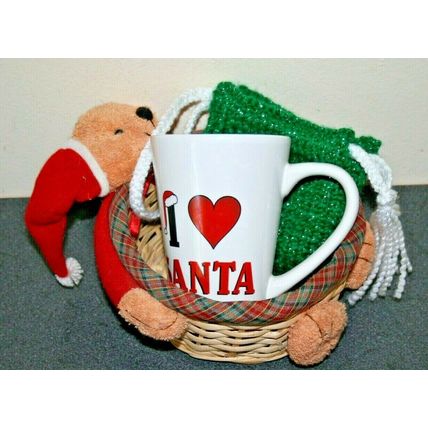 Christmas Santa Mug Teddy Bear Basket & Homemade Knitted Snowflake Pet Collar