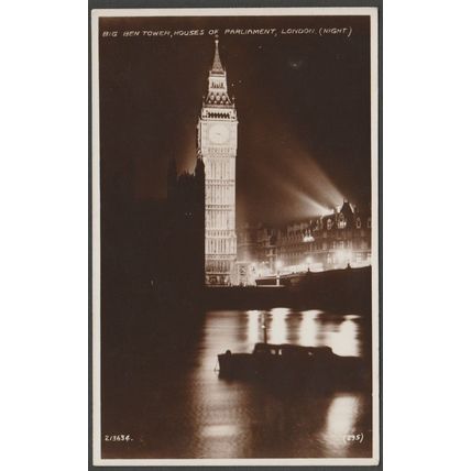 Big Ben at Night, Houses of Parliament, London, 1939 - Valentine's RP Postcard