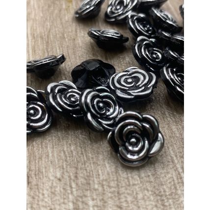 12.5mm Black And Silver Rose Flower Shank Buttons Plastic Cardigans Knitting