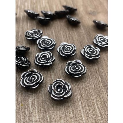 12.5mm Black And Silver Rose Flower Shank Buttons Plastic Cardigans Knitting