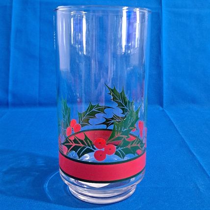 Lot 4 LIBBEY HOLLY & BERRIES 16oz Glass Flat TUMBLERS Christmas Cooler Water