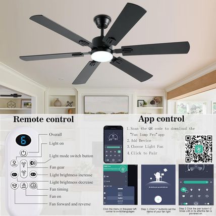 56Inch Black Ceiling Fans with Lights and Remote/App Control, Dimmable LED, Reve