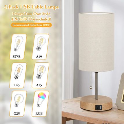 Set of 2 Table Lamps with 2 USB Ports, Modern Bedside, Desk Lamps with Pull Chai