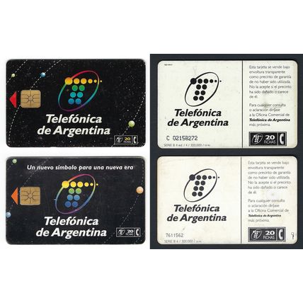 Argentina 2 varieties (20 in gold & white) prepaid phonecards used