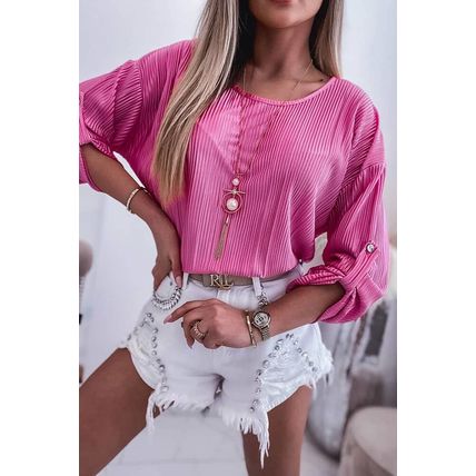 Rose Pleated Texture Roll Tab Sleeve Blouse