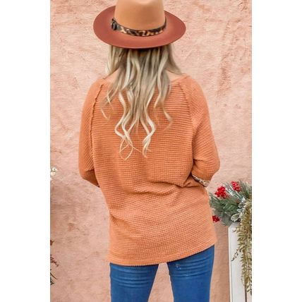 Apricot Leopard Splicing Exposed Seam Waffle Knit Top