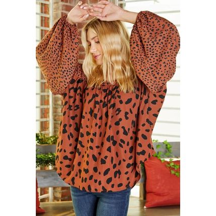 Brown Contrast Leopard Print Bubble Sleeve Blouse