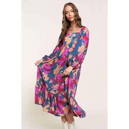 Multicolour Floral Print Square Neck Ruffled High Waist Dress
