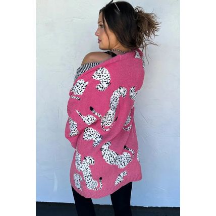 Rose Red Cheetah Pattern Open Front Knitted Cardigan