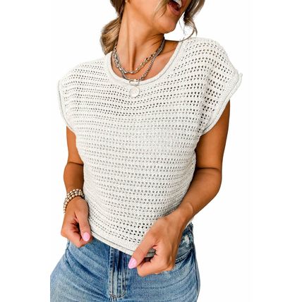 White Hollow Out Knit Cap Sleeve Sweater